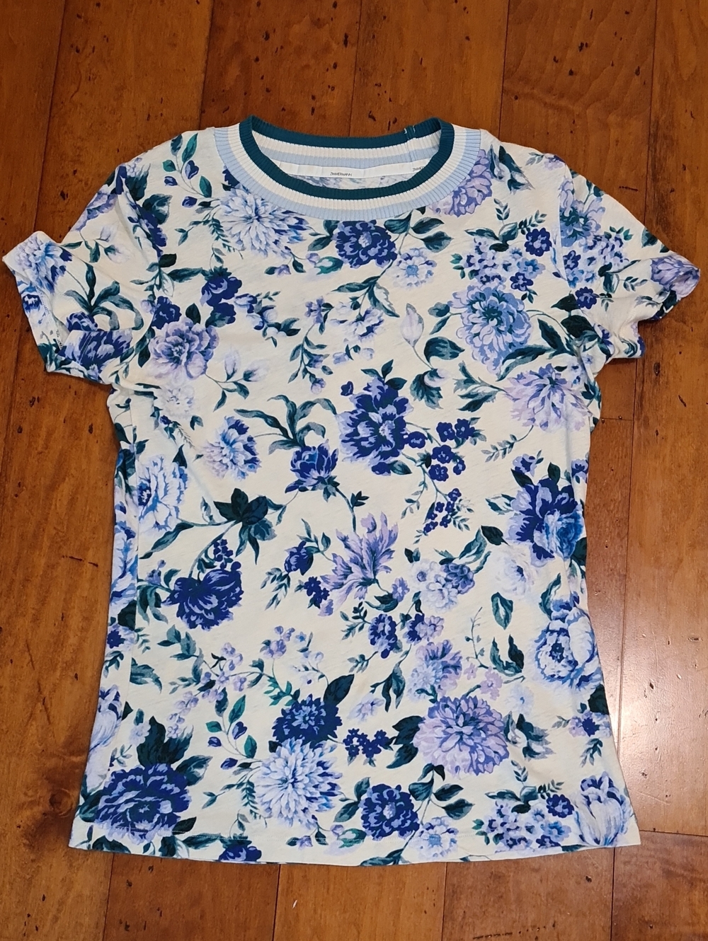 Zimmermann Pale Yellow Tee with Blue and Teal Floral Trim